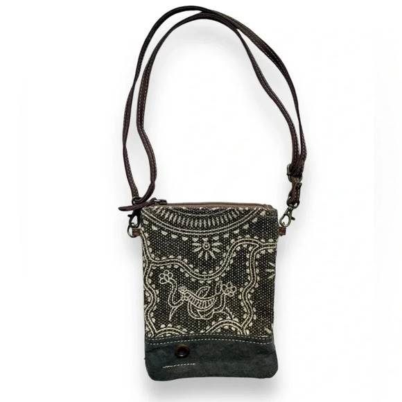 Myra Timeless Upcycled Boho Leather Canvas Crossbody Bag - Picture 1 of 5